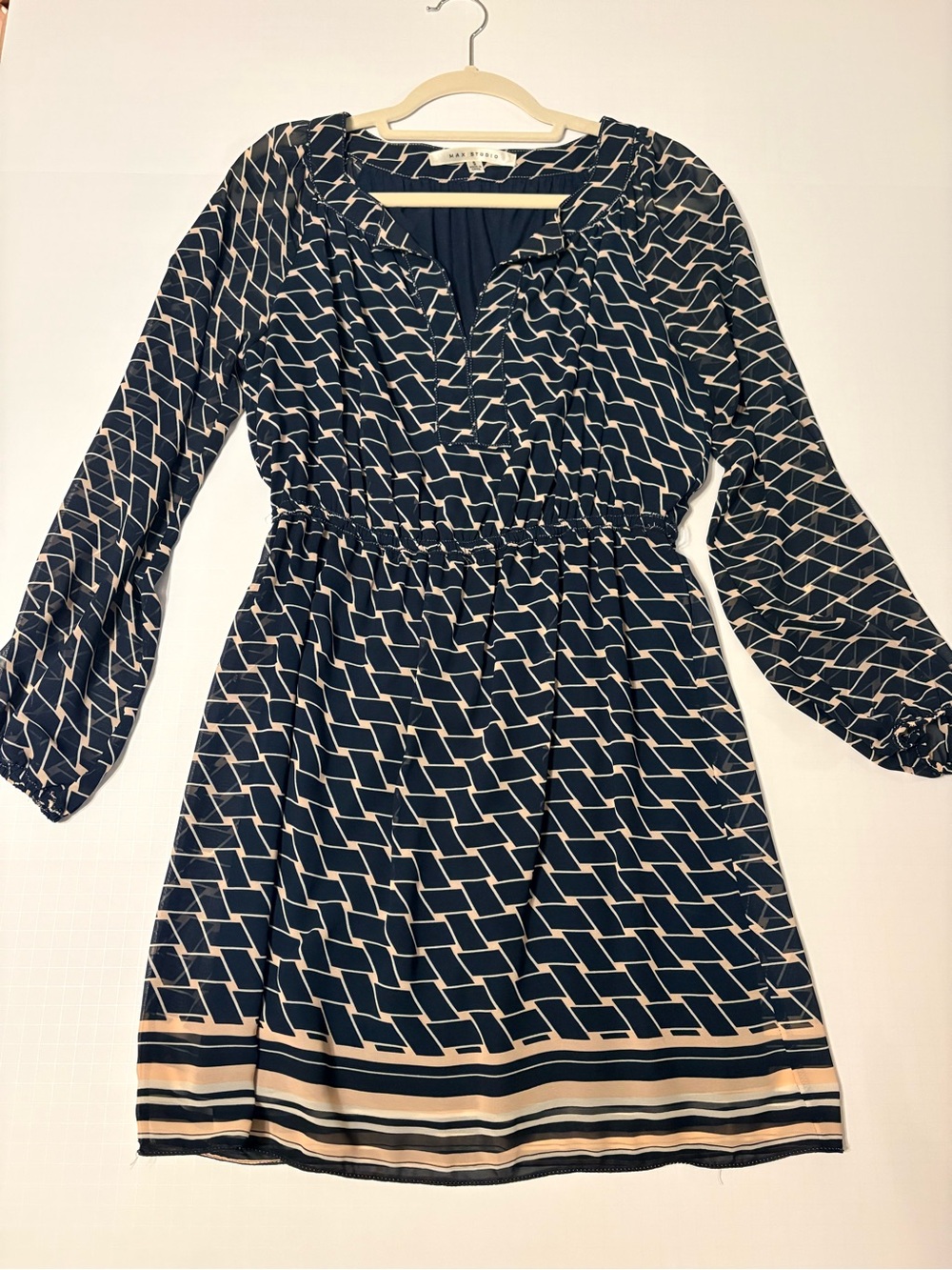 Kacey Montoya’s Closet | Max Studio Navy and Cream Geometric-Print Dress